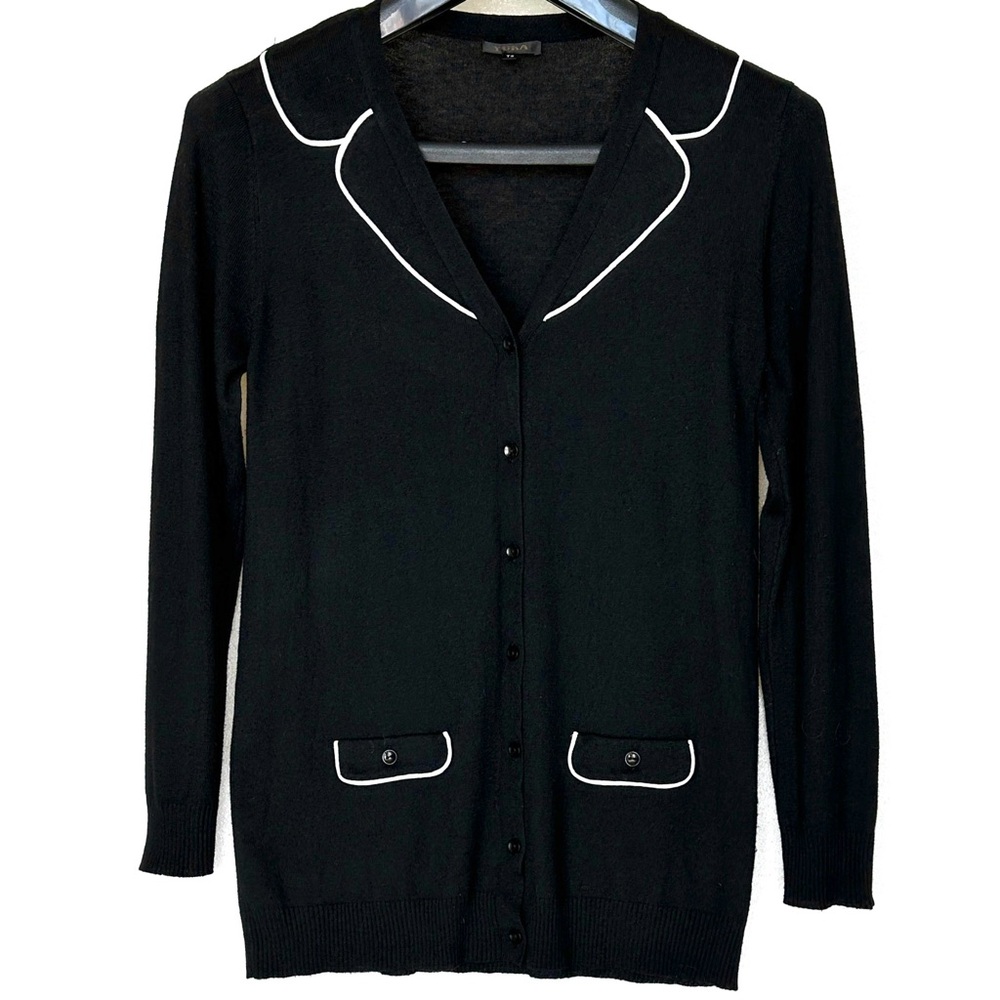 YUKA Chic Black Cardigan with White Accents